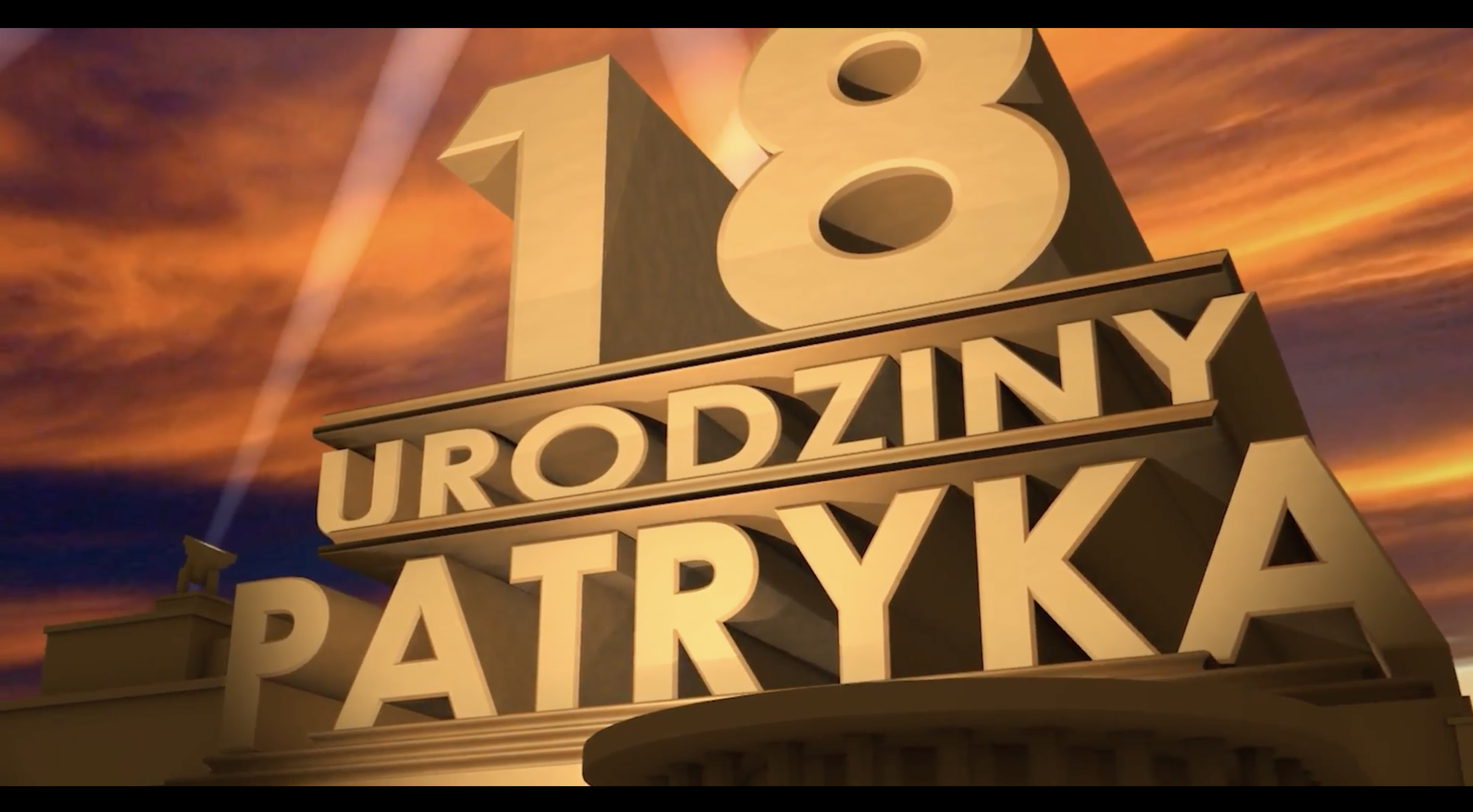 Kadr czołówki filmu urodzinowego — złoty napis 18 urodziny Patryka w stylu kinowym